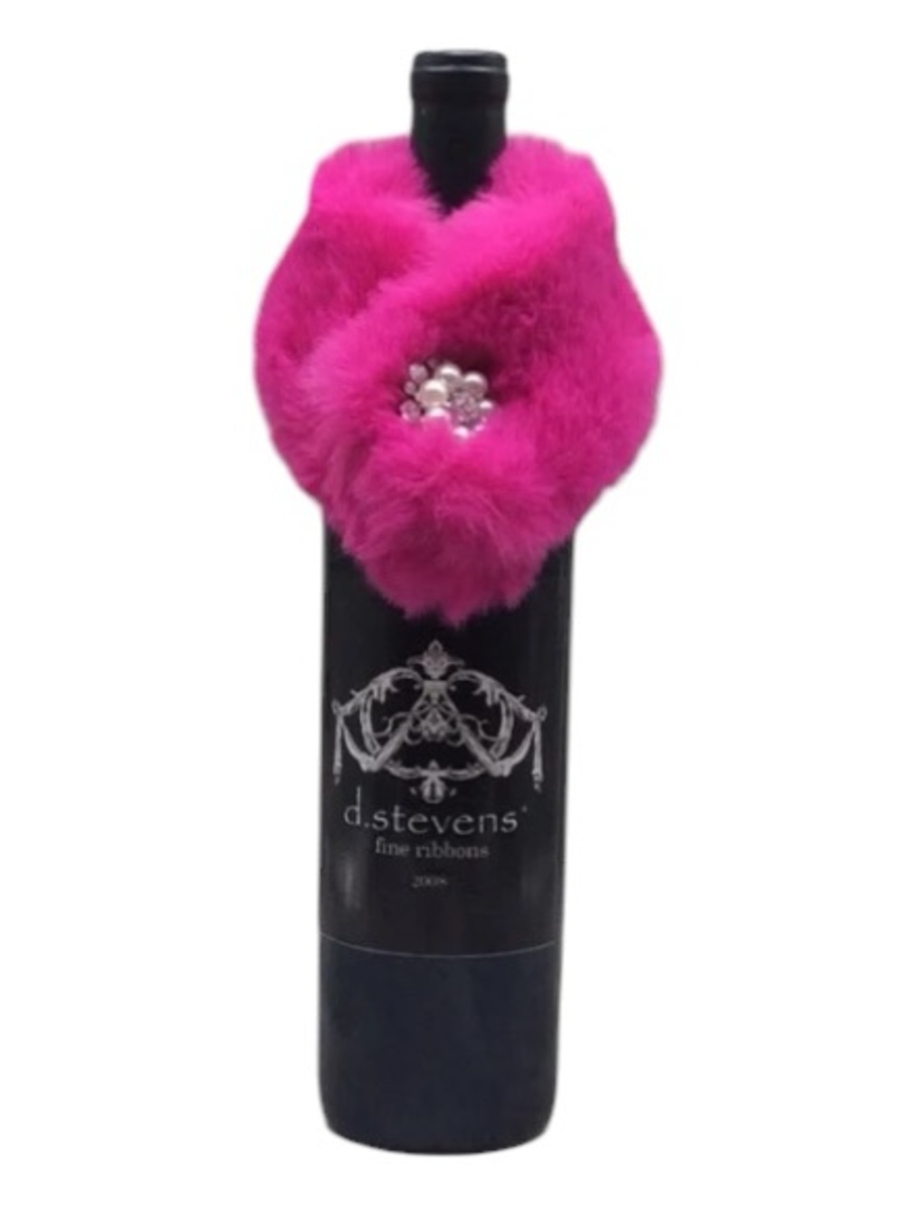 D. Stevens 7” Hot Pink Fur Collar Wine Bottle with Pearl Brooch